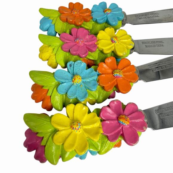 Set of 4 Flower Handle Spreaders Stainless Steel Colorful Cheese Butter Knives - Picture 6 of 6